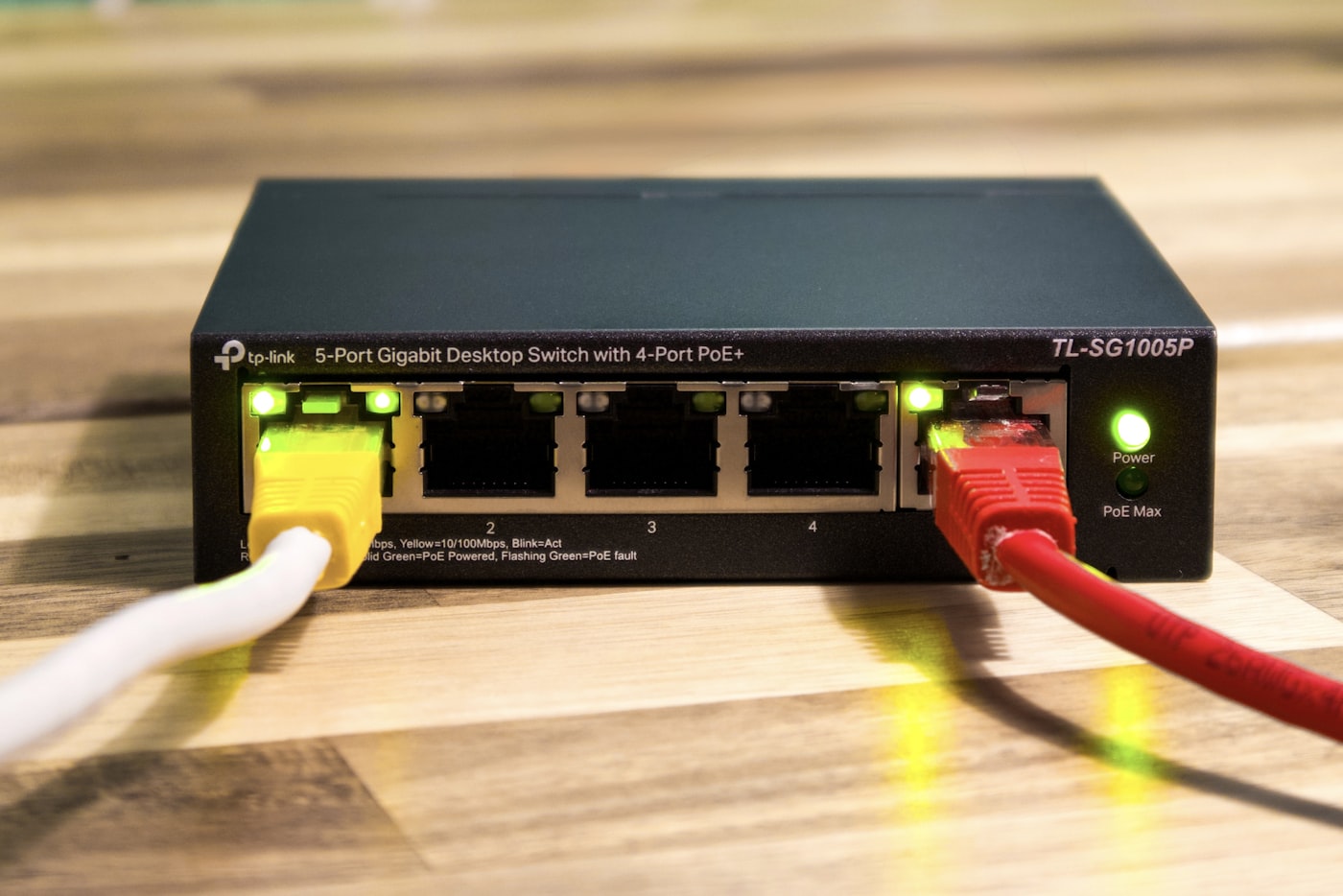 Ethernet cables connected to networking equipment